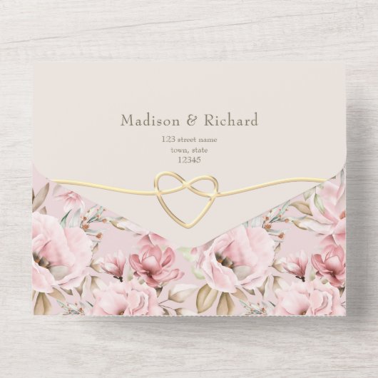 Romantische Blütenpink-Blumenhochzeit All In One Einladung (Rückseite)