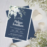 Romantische Blütenweiß sanfte Blume Blaue Hochzeit Einladung<br><div class="desc">Entwerfen Sie die perfekte Hochzeitssuite mit dieser romantischen und wunderschönen Hochzeitsreise mit einem zarten Aquarellbukett mit weißen sanften Blume, über Grün und anderen botanischen Blättern auf der links obersten Etage, über einem schlichten preußisch blauen Hintergrund. Bearbeiten Sie die Vorlagenfelder einfach, um die Braut- und Bräutigamen in einem klassischen weißen Schriftart...</div>