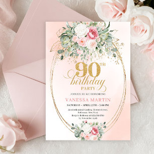 Romantische Bohemian Blush Blumen Gold 90. Geburts Einladung