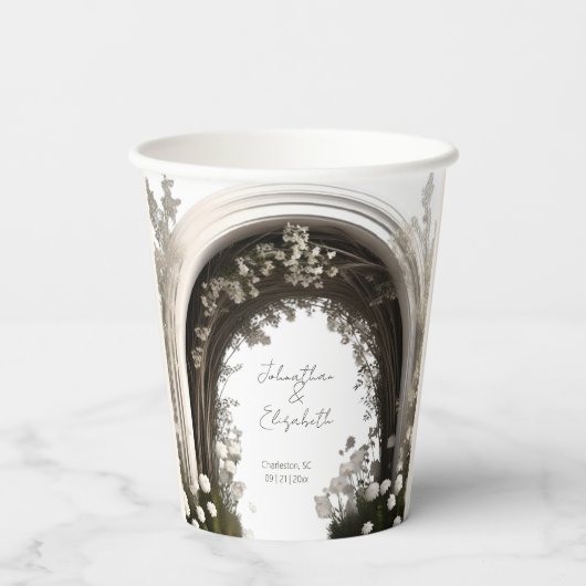 Romantische Boho Botanische Botanische Arch-Hochze Pappbecher (Rückseite)