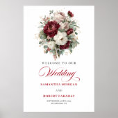 Romantische Boho Burgunder Blumen Grün Begrüßung Poster (Vorne)