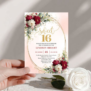 Romantische Boho-Burgunder-Gold-Blumen-Sweet Sixte Einladung