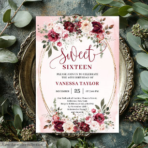 Romantische Boho-Burgunder-Rosa-Blumen-Sweet-Sixte Einladung
