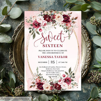 Romantische Boho-Burgunder-Rosa-Blumen-Sweet-Sixte Einladung