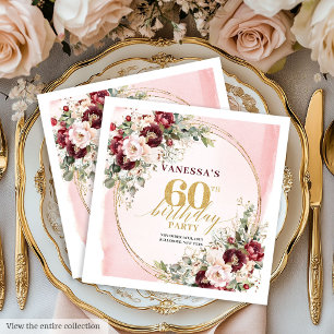 Romantische Boho-Burgunderrosen 60. Geburtstagsser Serviette