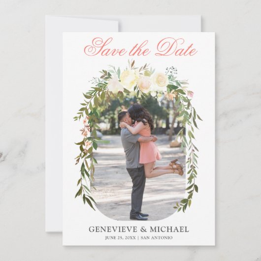 Romantische Boho Floral Arch Flat Save the Date Ka (Vorderseite)