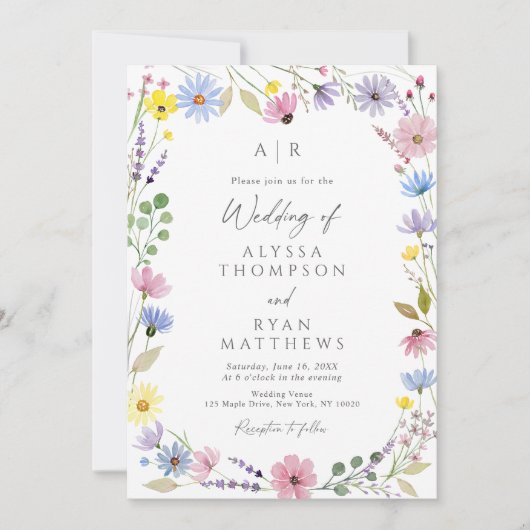 Romantische Boho Garden Wildblume Monogram Wedding Einladung (Vorderseite)