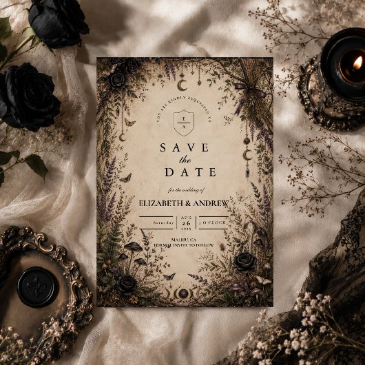 Romantische Boho-Goth-Hochzeit Save The Date