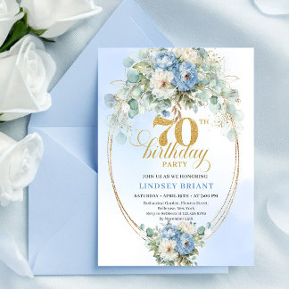 Romantische Boho-Hellblaue Blumen 70. Geburtstag Einladung