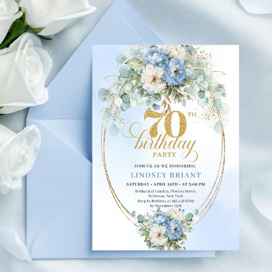 Romantische Boho-Hellblaue Blumen 70. Geburtstag  Einladung