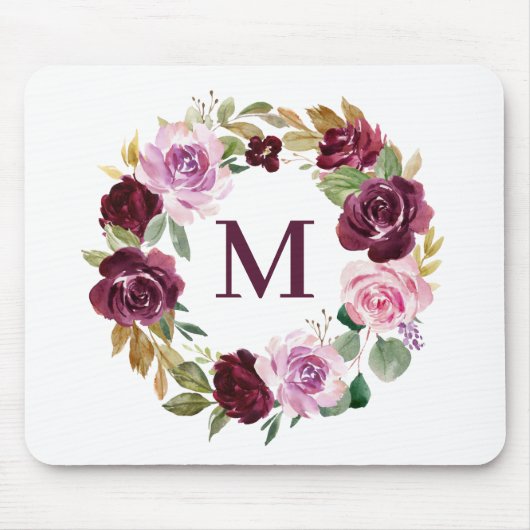 Romantische Boho Lila Fall Floral Wreath Monogram Mousepad (Vorne)