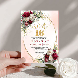 Romantische Boho Merlot Gold Blumen Sweet Sixteen Einladung