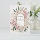 Romantische Boho Pink Peonies & Ivory Florals Wedd Dankeskarte (Stehend Vorderseite)