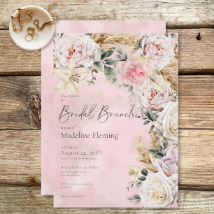 Romantische Boho Pink Roses & Pampas Bridal Brunch Einladung