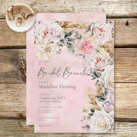 Romantische Boho Pink Roses & Pampas Bridal Brunch Einladung