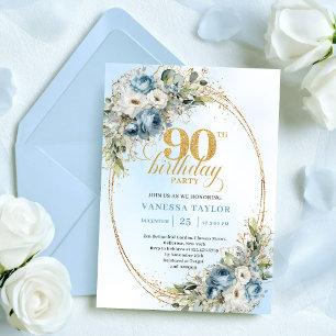 Romantische Boho-Staubblaue Blumen 90. Geburtstag Einladung