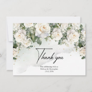 Romantische Boho weiße Rosen und Grün & Gold Dankeskarte