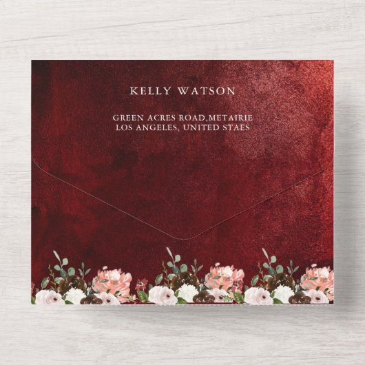 Romantische bordeauxrot Rosa Blumenblume Rustikale All In One Einladung (Rückseite)