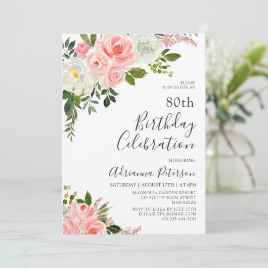 Romantische botanische Blush-Rose Floral 80. Gebur Einladung (Stehend Vorderseite)