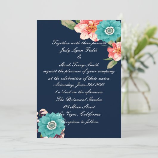 Romantische Botanische Hochzeit in Blau und Rosa Einladung (Stehend Vorderseite)