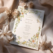 Romantische Botanische Hochzeit mit Blumen und Vög Einladung