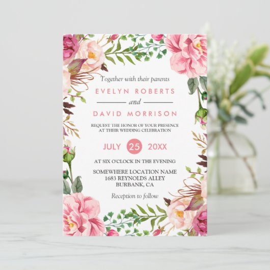 Romantische Botanische Hochzeitsfeier in Rosa Einladung (Stehend Vorderseite)