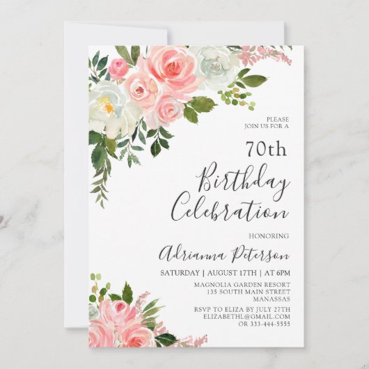 Romantische botanische Rose Blütenblüte 70. Geburt Einladung (Vorderseite)