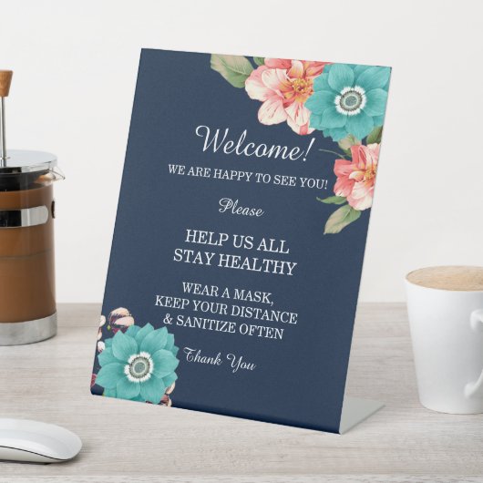 Romantische botanische Sicherheit in Blau und Rosa Sockelschild (In SItu)