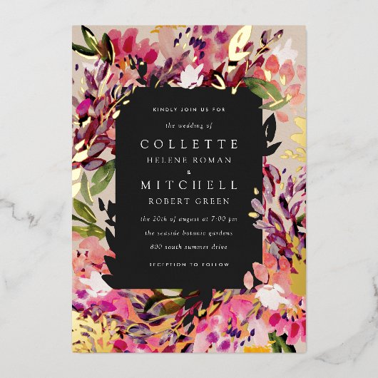 Romantische Bouquet Hot Pink Black Gold Folieneinladung (Vorderseite)