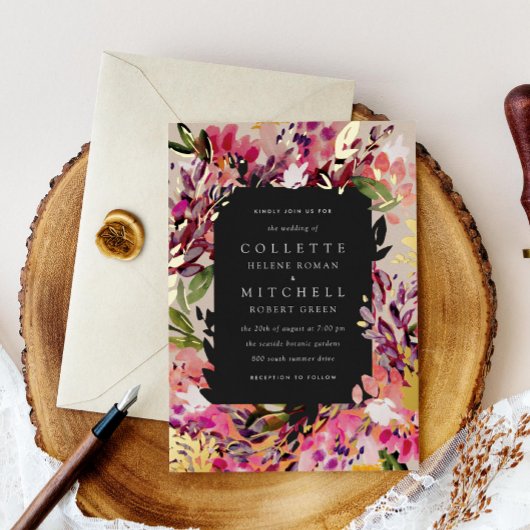 Romantische Bouquet Hot Pink Black Gold Folieneinladung