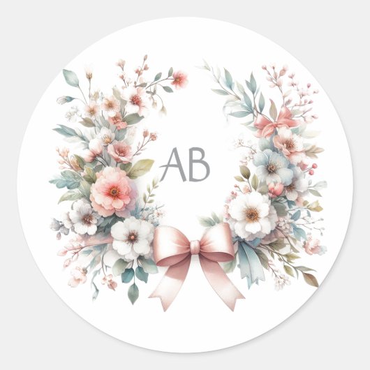 Romantische Bow Floral Baby Shooting Monogram Runder Aufkleber (Vorderseite)