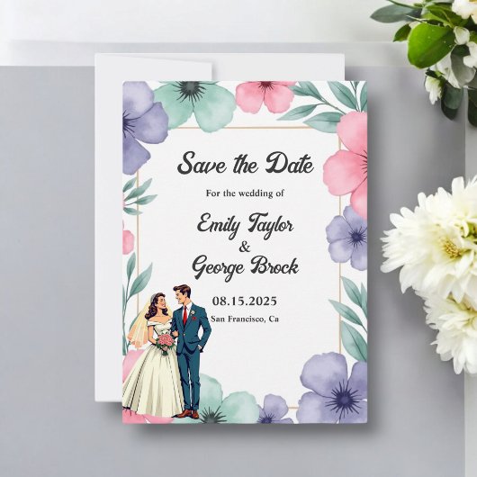 Romantische Braut- und Wasserfarbenhochzeit Save The Date