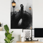 Romantische Brücke Kiss in Holzkohle und Laterneng Poster (Heimbüro)