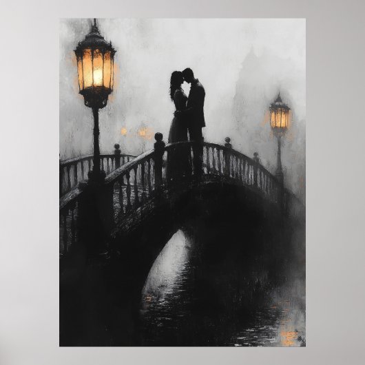 Romantische Brücke Kiss in Holzkohle und Laterneng Poster (Vorne)