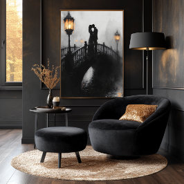 Romantische Brücke Kiss in Holzkohle und Laterneng Poster