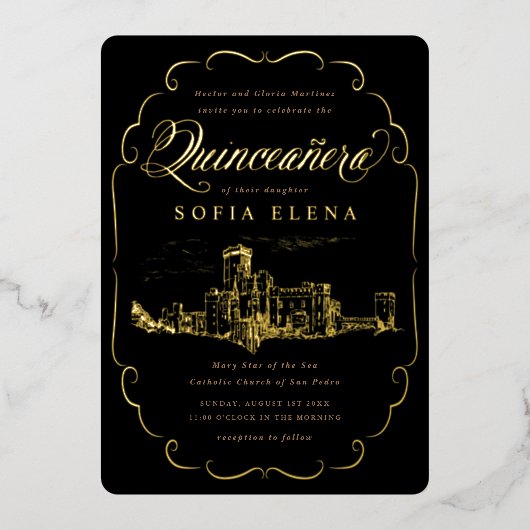 Romantische Burg Fantasy Quinceñera Gold Folieneinladung (Vorderseite)