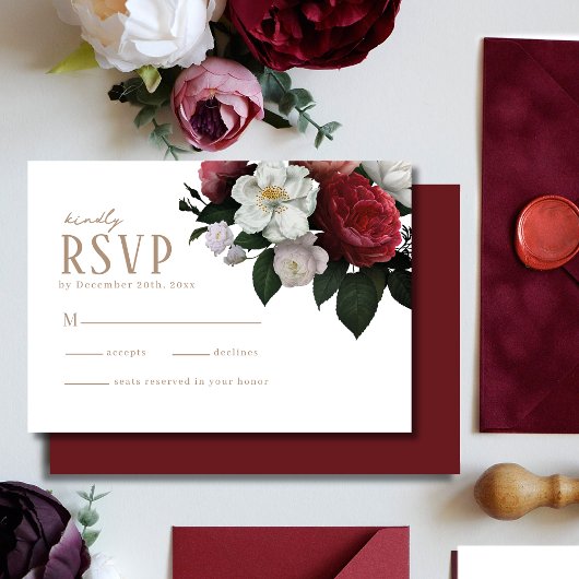 Romantische Burgund Maroon-Hochzeit RSVP Karte