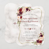 Romantische Burgund Pink-Blume Marmorhochzeit Einladung (Vorne/Hinten)