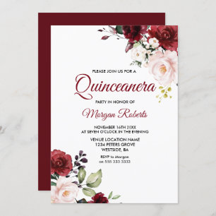 Romantische Burgund Rote Blume Quinceanera Einladung