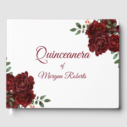 Romantische Burgund Rote Rose Quinceanera Gästebuc Gästebuch (Vorderseite)