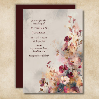 Romantische Burgunder-Aquarell-Wildblumen-Hochzeit Einladung