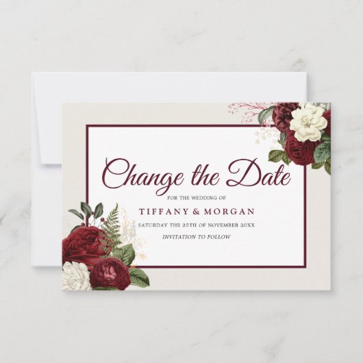 Romantische Burgunder Blumenhochzeiten ändern das  Save The Date (Vorderseite)