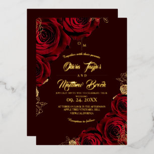 Romantische Burgunder-Goldfolien-Rosen-Hochzeit Folieneinladung