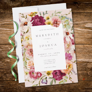 Romantische Burgunder-Rosa Blumen-Garten-Hochzeit Einladung