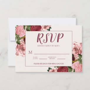 Romantische Burgunder-Rosa-Blumenhochzeit RSVP Karte