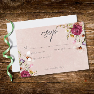 Romantische Burgunder-Rosa-Floral-Gartenhochzeit RSVP Karte