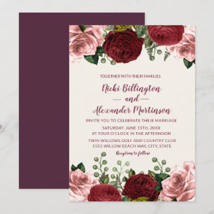 Romantische Burgunder-Rosé-Blumenhochzeit Einladung