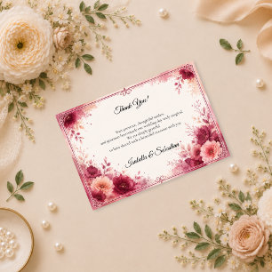 Romantische burgunderrote Florale Hochzeit Dankeskarte