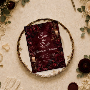 Romantische burgunderrote gotische Hochzeit Save The Date