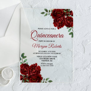 Romantische Burgunderrote Rosen Quinceanera-Einlad Acryleinladungen